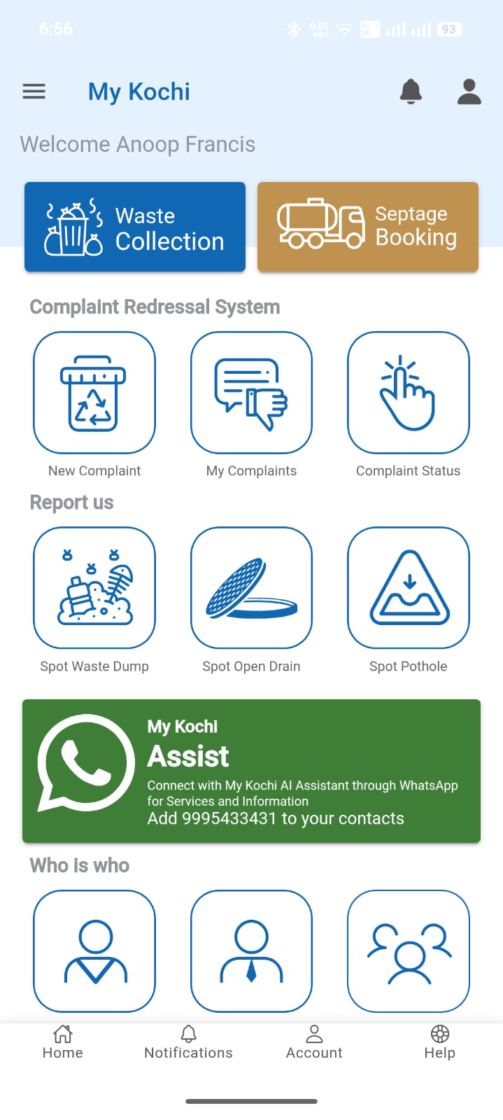 My Kochi mobile app home screen